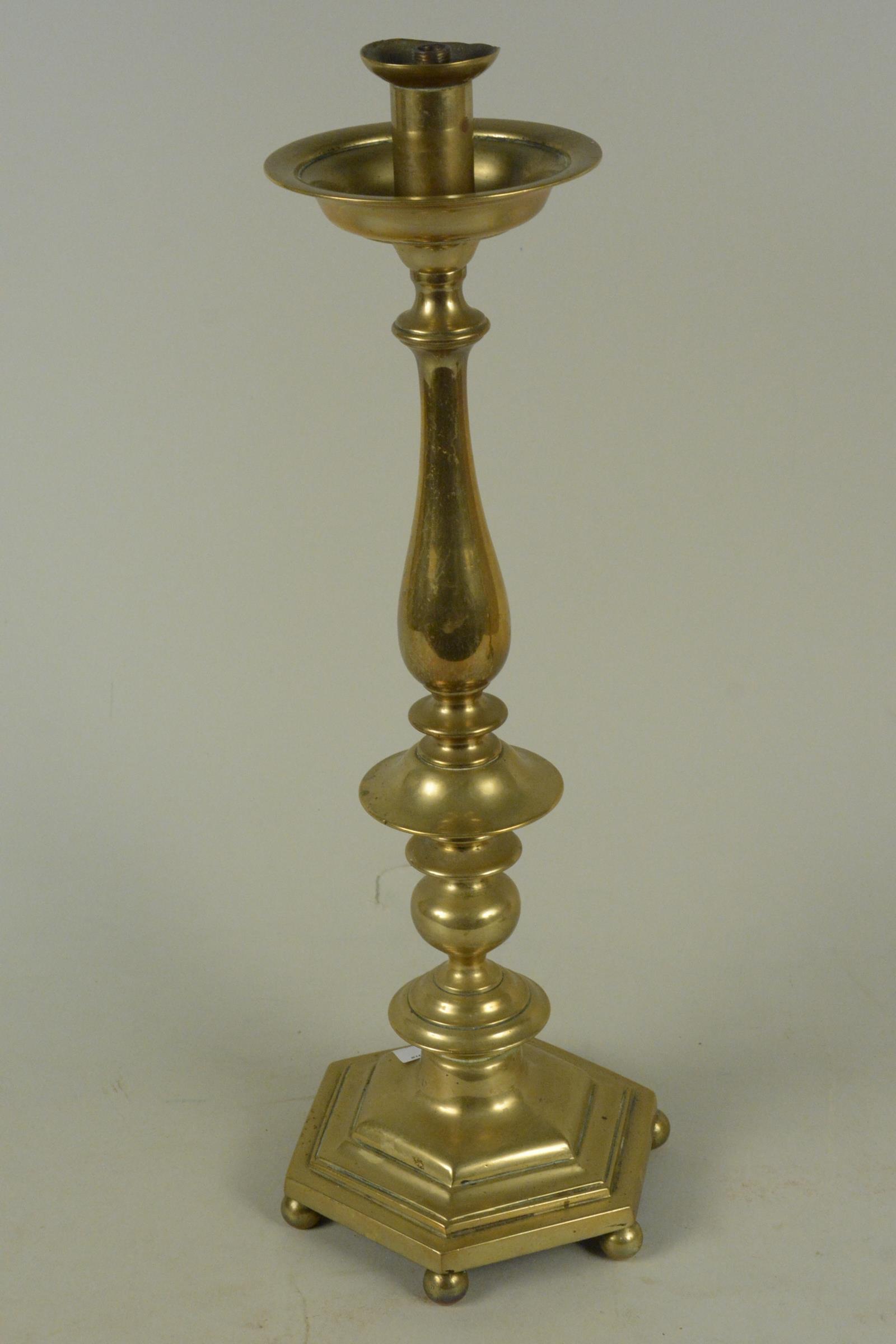 A pair of large brass table lamps of candlestick form with drip pans, - Image 2 of 3
