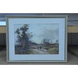 A framed watercolour of a woodland road in the Lake District with a shepherd and flock of sheep,