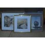 A framed watercolour of a river and bridge scene signed C Bibbs 46cm x 30cm,