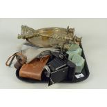 A mixed lot including a brass three branch candlestick, various vintage ladies leather gloves,