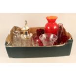 A box of mixed glassware including a cranberry jug (as found),