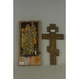 A carved polychrome relief panel of 'The Last Supper' mounted on a pine board plus a large brass