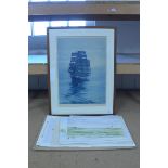 Framed prints, 'Mists of Morning' after Montague Dawson plus three unframed broadland watercolours,