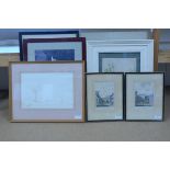 A framed watercolour of a river scene plus five other assorted including St Benedicts Gate and St