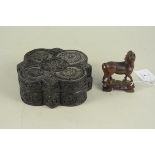 A resin Chinese style lobed box and lid plus a carved wooden horse