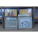 A pair of framed prints of African tribesmen after Leon Wells plus three watercolours,