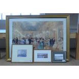 A large framed print 'Elegant Soiree' after Victor Gilbert plus three other small prints of local