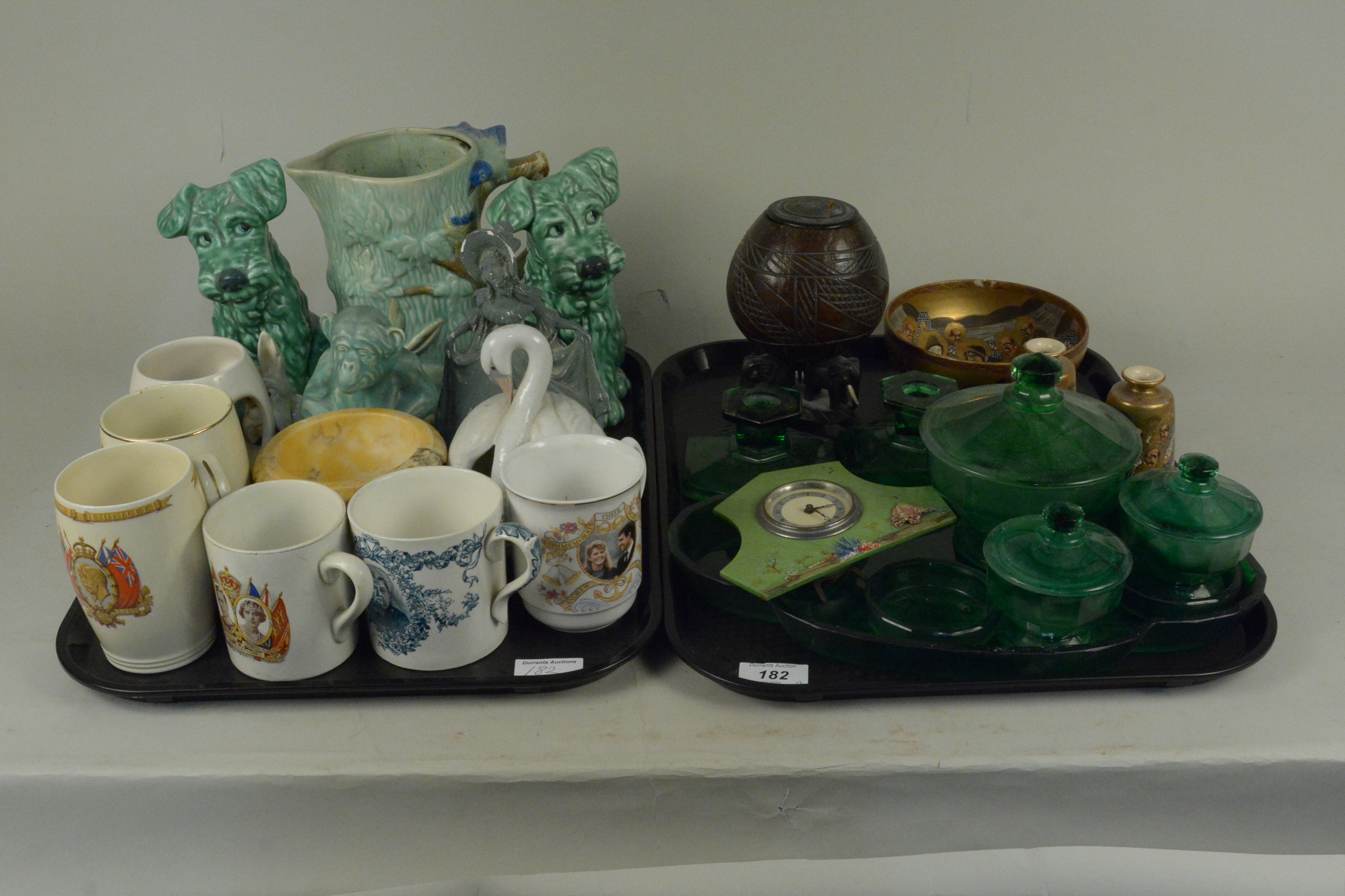 A mixed lot of items including a pair of Sylvac dogs, commemorative mugs,