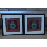 A pair of framed Chinese paintings on red fabric of imperial vases on a green ground with gilded
