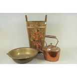 A Dutch coppered oak oval bucket with hand painted Folk Art floral decoration,