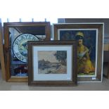 A framed 1960's Van Cleef print of a lady basket weaving,