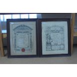 Two oak framed certificates for auctioneering, both awarded to Hanbury Williams of Harleston,