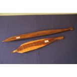 Two various Australian First Nation Mulga wood woomeras (spear throwers), (losses to both),