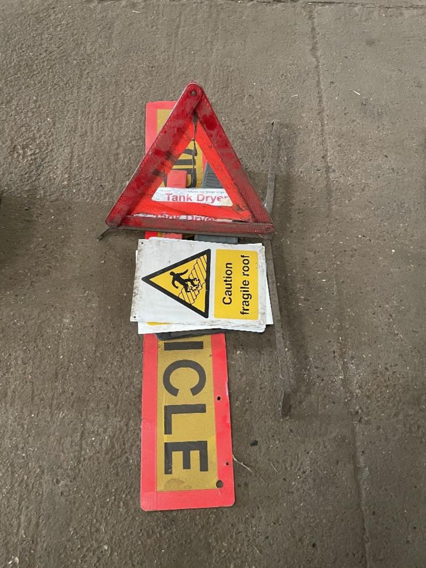 Quantity of Signs, including Wide Vehicle Sign, and 2 x Triangle Signs, fragile roof etc.