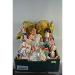 Two vintage Teddy bears plus a variety of dolls,