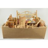 Various sized dolls house bamboo and cane furniture plus a pair of Coalport miniature cups and