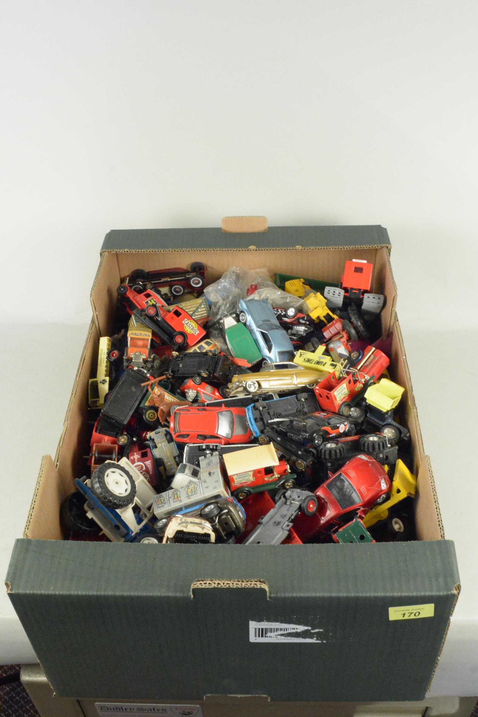 A box of rummage vehicles including Corgi, Matchbox,
