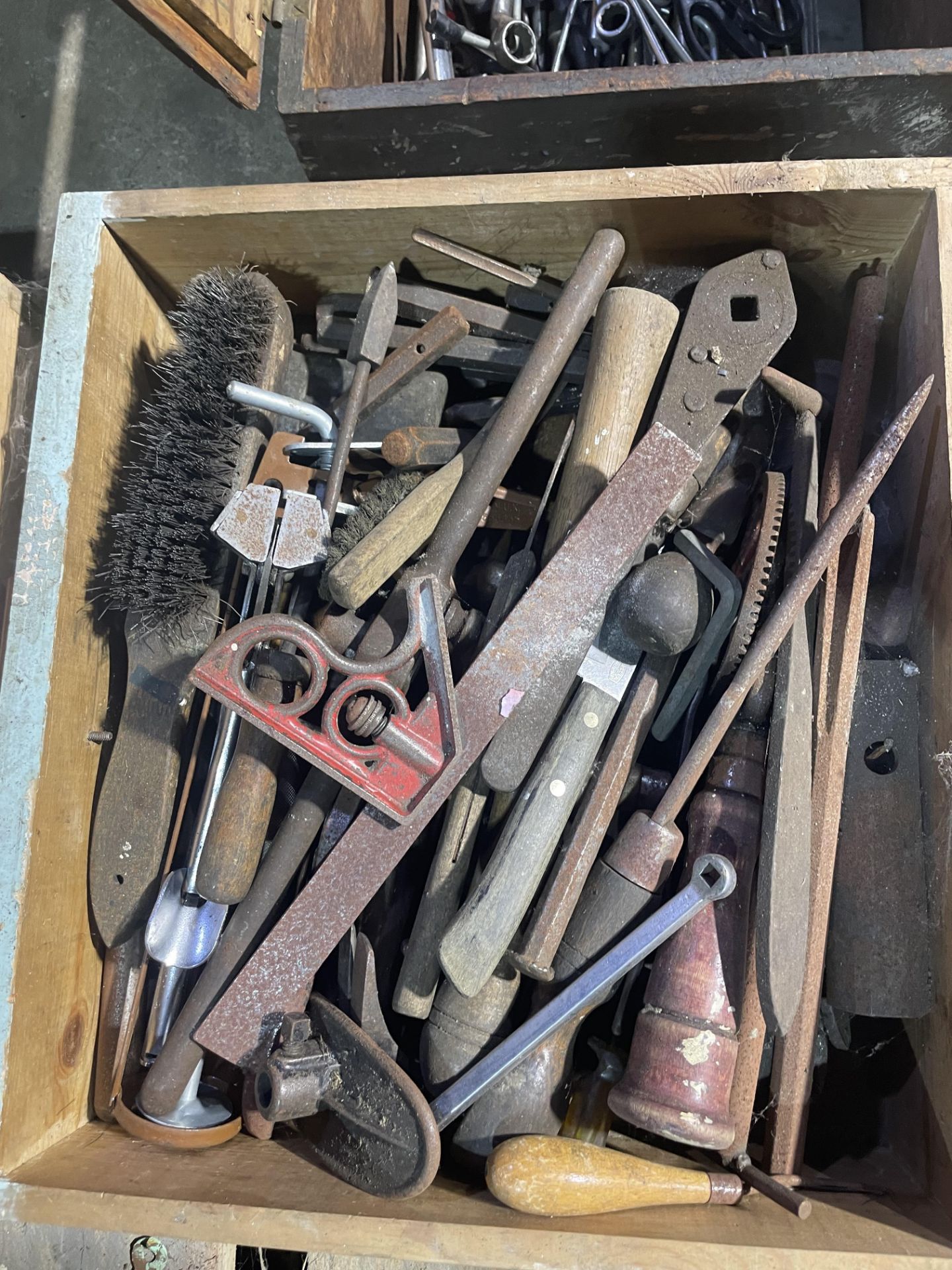 Box of chisels, wire brushes, box of spanners etc. Stored near Rushall, Diss.