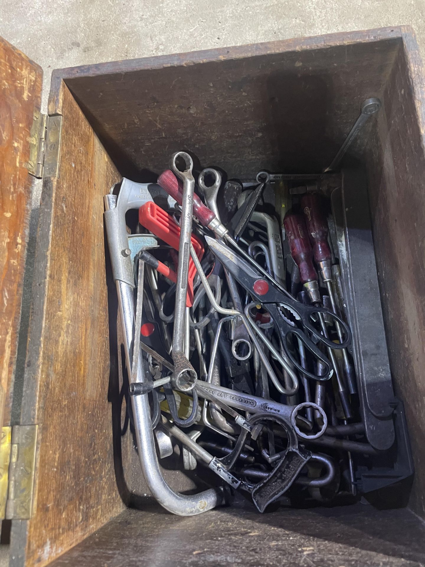 Box of chisels, wire brushes, box of spanners etc. Stored near Rushall, Diss. - Image 2 of 2