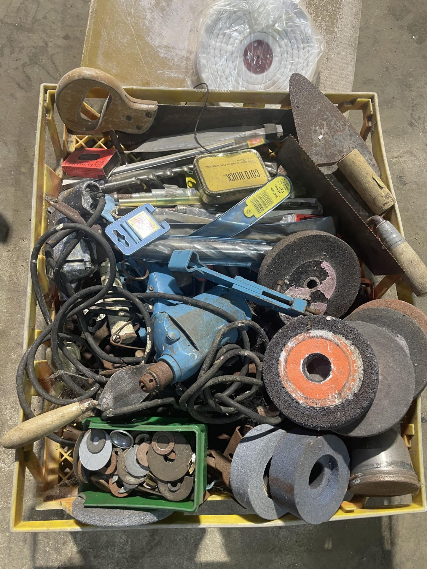 Qty of Misc Items, grinding discs, trowels, drills (not tested), drill bits, saw, plastering boards, - Image 2 of 5