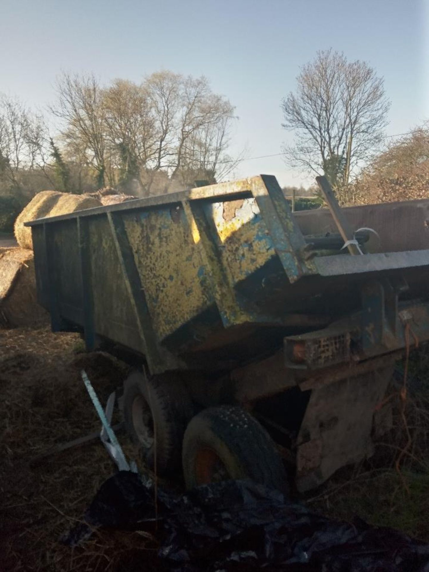 7 Ton dump trailer, floor needs attention, tyres 50% used. Stored near Badingham, Suffolk.