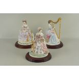 Three Royal Worcester figures, 'Music', 'Painting' and 'Embroidery',