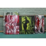 Four unframed oils on canvas, 'Red Nude', 'Women in Red', 'Two Women' and 'Yellow Salon',