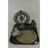 A vintage Indian copper God figure, a small heavy brass plaque,