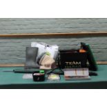 A Team Daiwa tackle seat box with contents including pike tackle, floats, hooks etc,