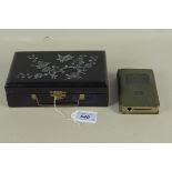 A Japanese black lacquer jewellery box with mother of pearl inlay to top plus a Lloyds Bank Ltd