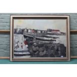 John Ash (1926-1999) oil on board of a Northern seaside town scene with figures on a breakwater in