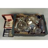 A box of assorted plated items including tureens, bowls, dishes,