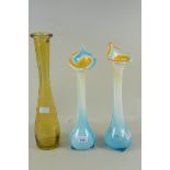 A pair of Murano style 'Jack in the Pulpit' vases plus an amber coloured long necked vase