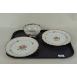 A pair of early 19th Century Famille Rose plates plus a Chinese porcelain bowl