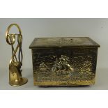 A brass covered log box with galleon decorations together with an Art Deco style set of fire irons