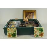 A box of assorted items including pottery and porcelain jugs, biscuit barrel, Sylvac dog,