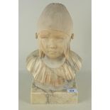 An Art Deco marble bust of a young girl with a lace cap mounted on a rectangular plinth,