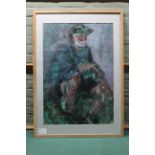 A large framed acrylic portrait of a seated elderly gentleman entitled 'Time to Think',
