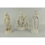 Three late 19th Century Parian figures including a family group with child and dog (as found)