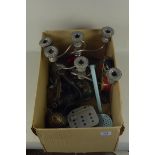 A small box of mixed kitchenalia including an enamel strainer spoon and mincers plus a pair of