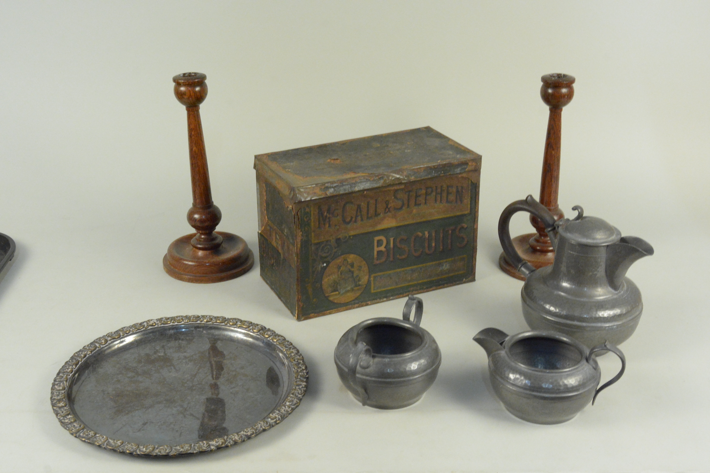 A mixed lot including a vintage McCall & Stephen biscuit tin, a three piece pewter tea set, - Image 2 of 3