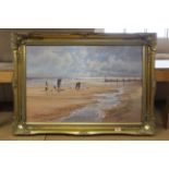 Mig Hurley, a framed oil on canvas of lugworm diggers, North Norfolk, signed 'Mig Hurley',