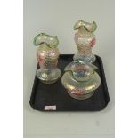 Three items of Loetz style glass with moulded honeycomb bodies and applied pink flowers with green