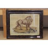 A 19th Century wool work picture of a lion in a faux walnut frame,