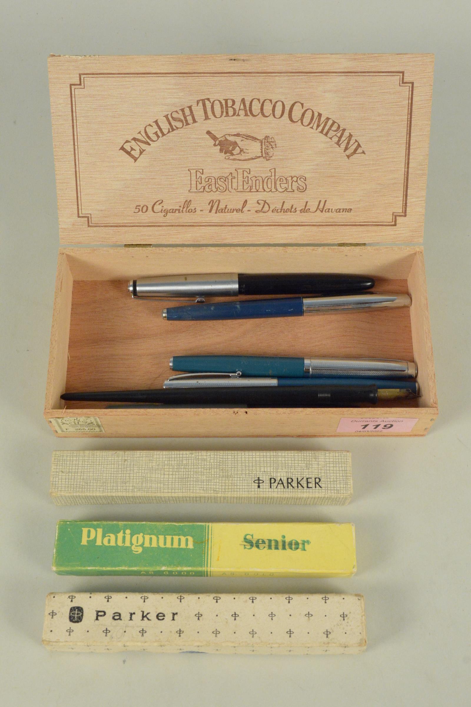 A Platignum Golden Quick Chance fountain pen, two Platignum 100's, a boxed Parker,