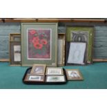 A selection of framed prints including portraits, oriental poppies,