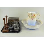 A mixed lot including a vintage McCall & Stephen biscuit tin, a three piece pewter tea set,