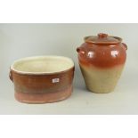 A 19th Century Staffordshire slipware footbath plus a glazed stoneware two handled container