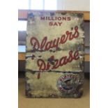 A weathered enamel sign for Players Please Cigarettes,