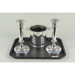 A silver plated pair of candlesticks plus an EPNS wine cooler